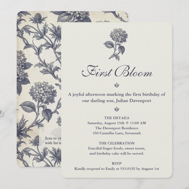 Invitación Toile Botánico Hydrangea Cardo Marino 1er Cumpleañ (Anverso / Reverso)