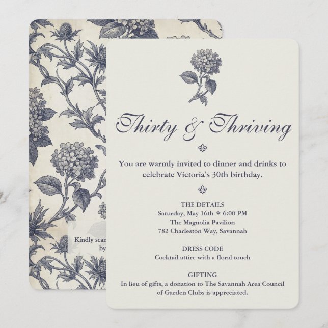 Invitación Toile Botánico Hydrangea Cardo Marino Cumpleaños 3 (Anverso / Reverso)