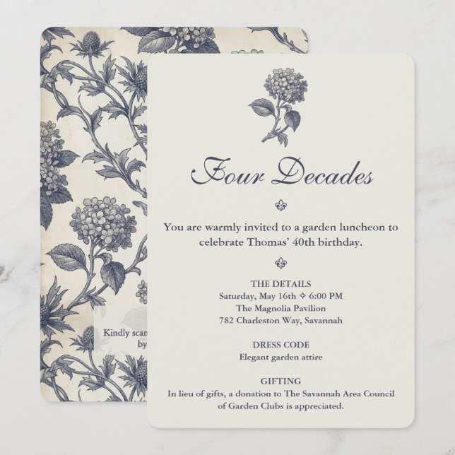 Invitación Toile Botánico Hydrangea Cardo Marino Cumpleaños 4 (Anverso / Reverso)