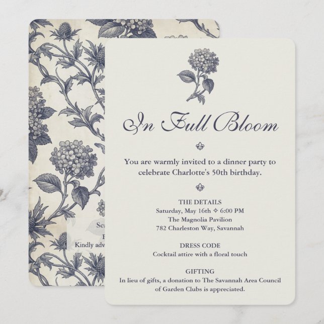 Invitación Toile Botánico Hydrangea Cardo Marino Cumpleaños 5 (Anverso / Reverso)