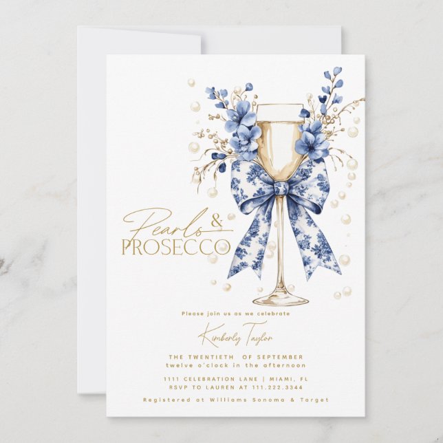 Invitación Toile Bow Floral Pearls & Prosecco Bridal Shower (Anverso)