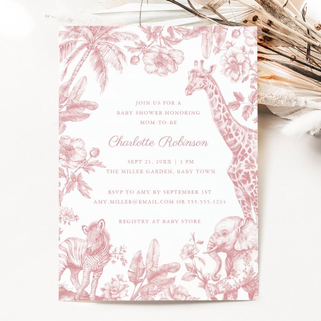 Invitación Toile Chica Rosa Safari Elegante Baby Shower (Pink Girl Toile Safari Elegant Baby Shower Invitation)