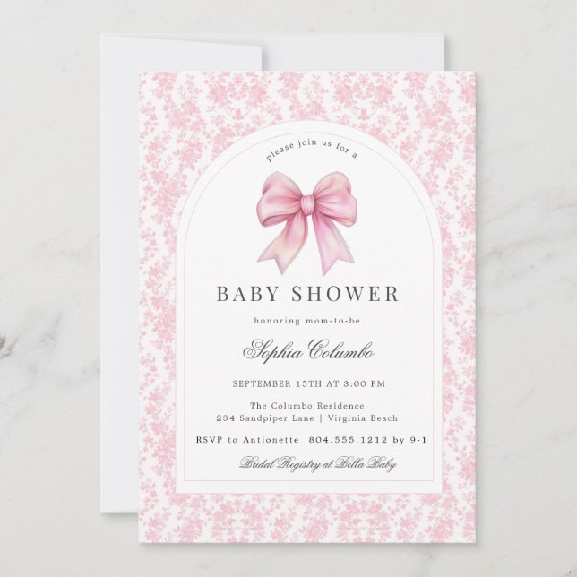 Invitación Toile Coquette Bow Baby Shower (Anverso)