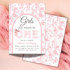Invitación Toile Coquette Pink Bow Chica Primer Cumpleaños