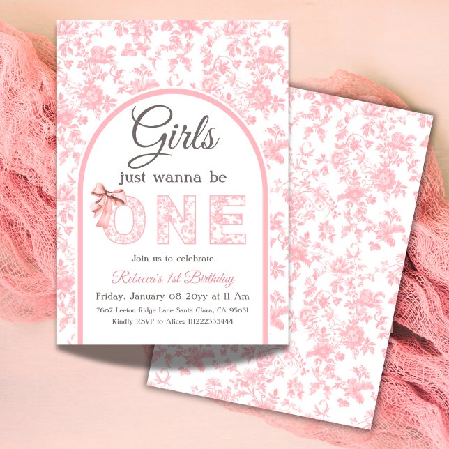 Invitación Toile Coquette Pink Bow Chica Primer Cumpleaños (Subido por el creador)