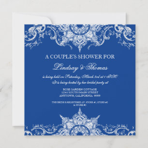 Invitación Toile Damask Parejas De Bañera Ducha Azul Real