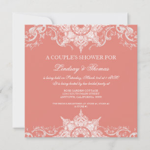 Invitación Toile Damask Parejas De Bañera Ducha Coral Rosa