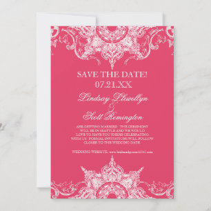 Invitación Toile Damask Swirl Guardar las fechas rosa calient