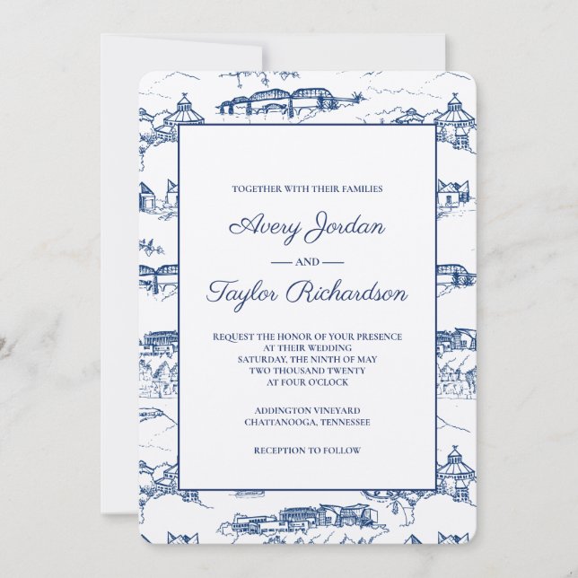Invitación Toile de Chattanooga Azul Marino y Blanco (Anverso)