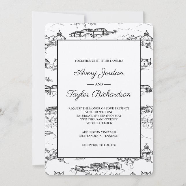 Invitación Toile de Chattanooga Blanco y negro (Anverso)