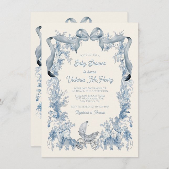 Invitación Toile De Joey Floral Bow Baby Shower (Anverso / Reverso)