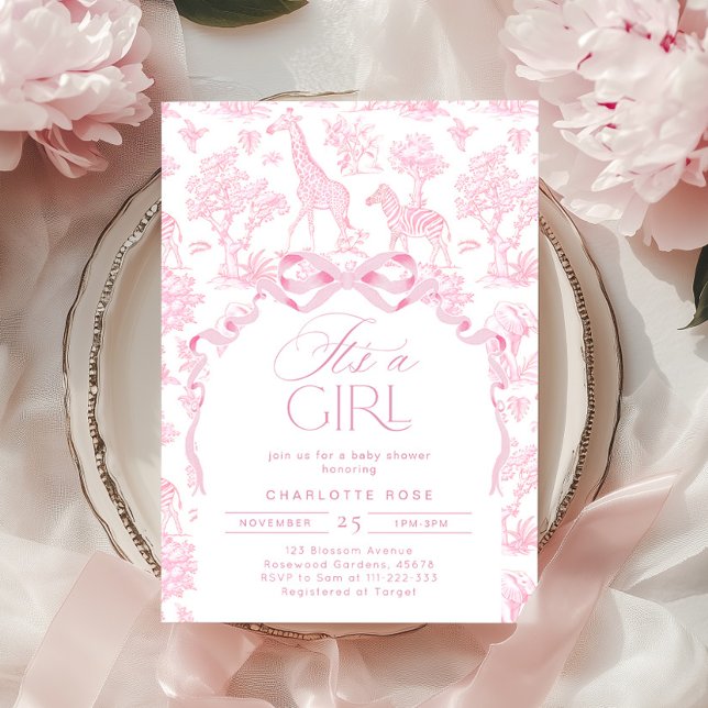 Invitación Toile de Jouy Animales de Safari Rosa Es un chica (Subido por el creador)
