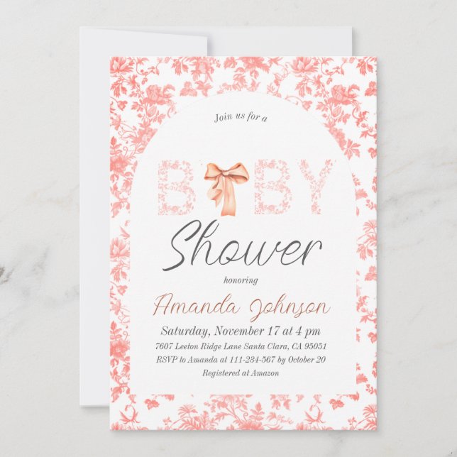 Invitación Toile de Jouy Arch Bow Floral Baby Shower (Anverso)