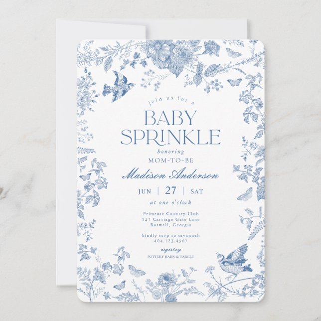 Invitación Toile De Jouy Azul Bebé con Flores Francesas Celeb (Anverso)