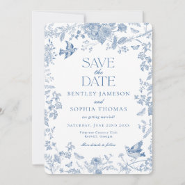 Invitación Toile De Jouy Azul Floral Francés Avisa la Fecha