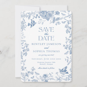 Invitación Toile De Jouy Azul Floral Francés Salva la Fecha