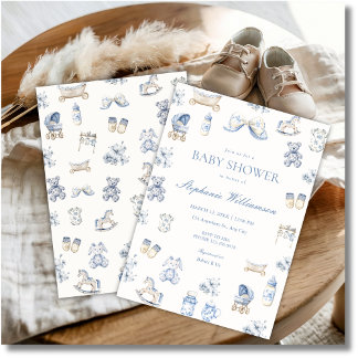 Invitación Toile De Jouy Baby Shower Blue Bow Boy Invitation