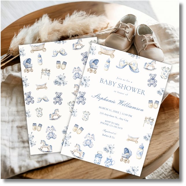 Invitación Toile De Jouy Baby Shower Blue Bow Boy Invitation (Subido por el creador)