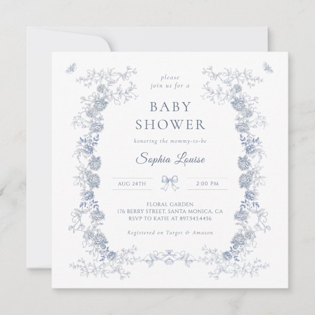 Invitación Toile de Jouy Baby Shower Blue Chinoiserie Floral (Anverso)