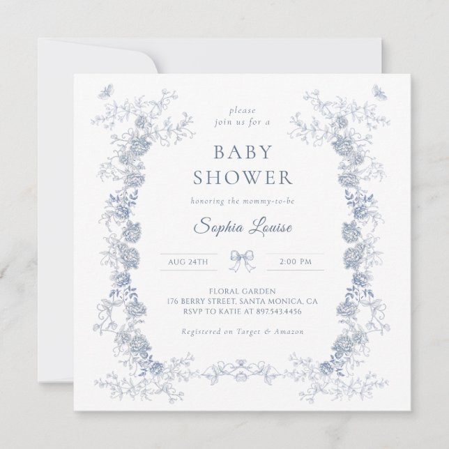 Invitación Toile de Jouy Baby Shower Blue Chinoiserie Floral (Anverso)