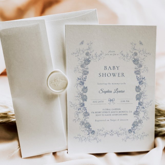 Invitación Toile de Jouy Baby Shower Blue Chinoiserie Floral (Subido por el creador)