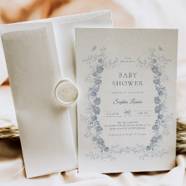 Invitación Toile de Jouy Baby Shower Blue Chinoiserie Floral