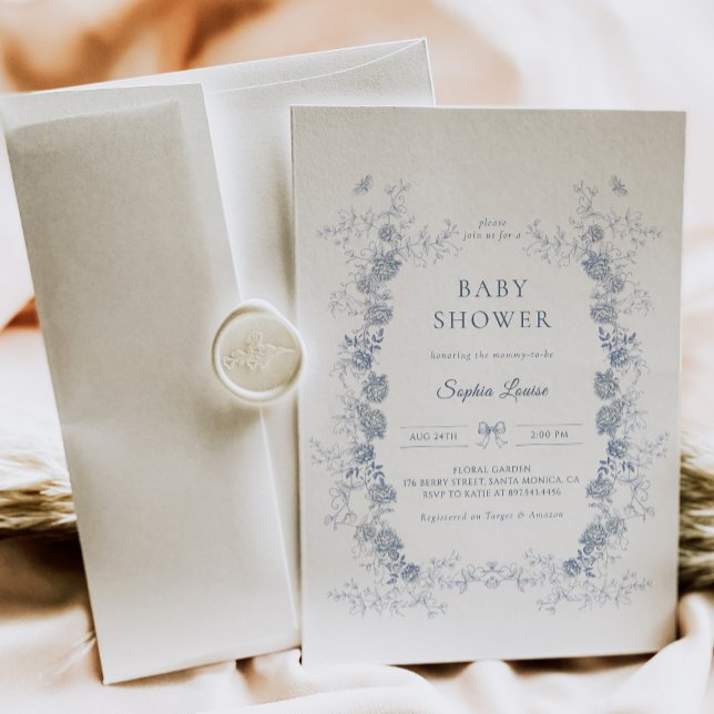 Invitación Toile de Jouy Baby Shower Blue Chinoiserie Floral (Subido por el creador)