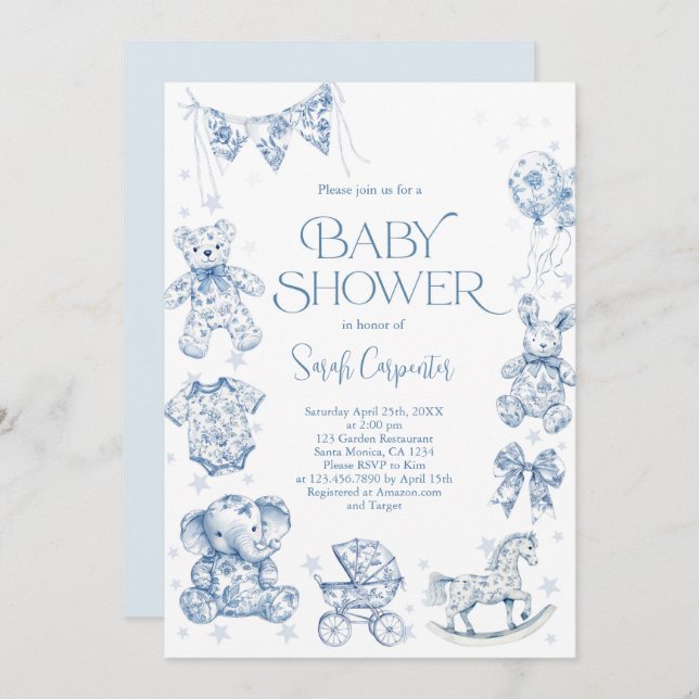 Invitación Toile De Jouy Baby Shower Boy (Anverso / Reverso)