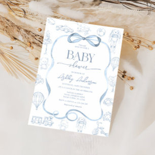 Invitación Toile De Jouy Baby Shower con Bow Boy