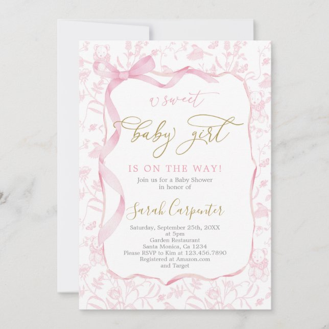 Invitación Toile De Jouy Baby Shower con Chica Bow (Anverso)