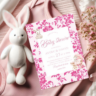Invitación Toile de Jouy Baby Shower Dusty Pink Teddy Bear
