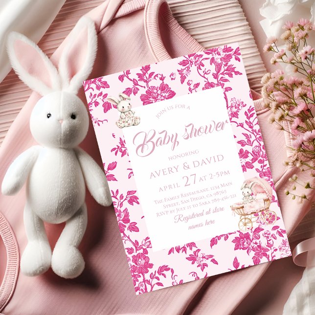 Invitación Toile de Jouy Baby Shower Dusty Pink Teddy Bear (Subido por el creador)
