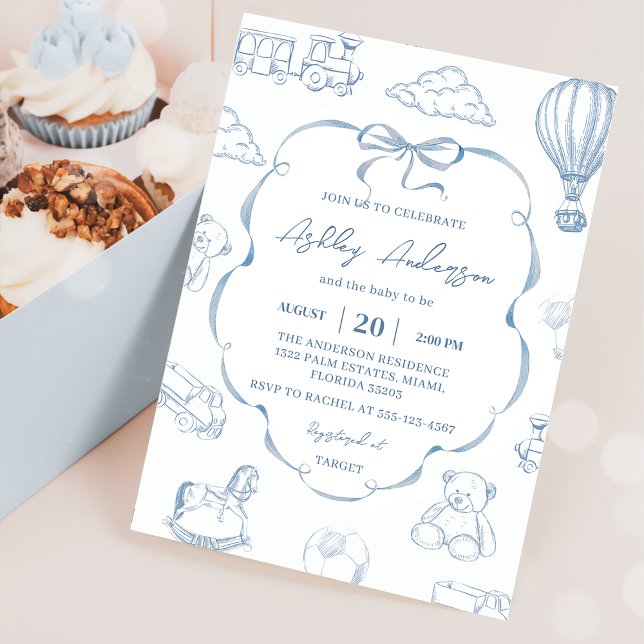 Invitación Toile De Jouy Blue Bow Baby Shower Party (Subido por el creador)