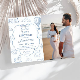 Invitación Toile De Jouy Blue Bow Baby Shower Party Photo