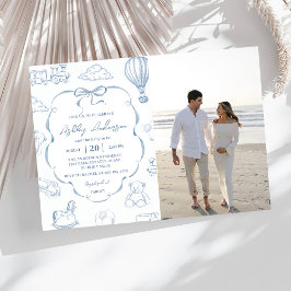 Invitación Toile De Jouy Blue Bow Baby Shower Party Photo