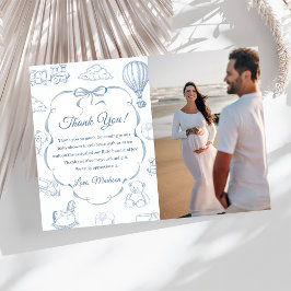 Invitación Toile De Jouy Blue Bow Baby Shower Thank You Card