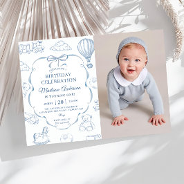 Invitación Toile De Jouy Blue Bow Birthday Party Photo
