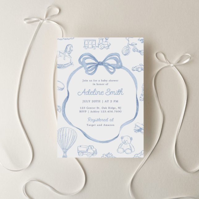 Invitación Toile de Jouy Blue Bow Chinoiserie Boy Baby Shower (Subido por el creador)