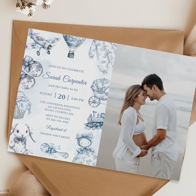 Invitación Toile De Jouy Blue Boy Baby Shower Party Photo  (Subido por el creador)
