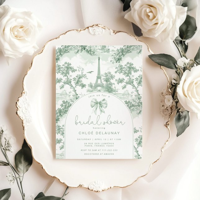 Invitación Toile de Jouy Bridal Bridal Sage French Bow Paris (Subido por el creador)