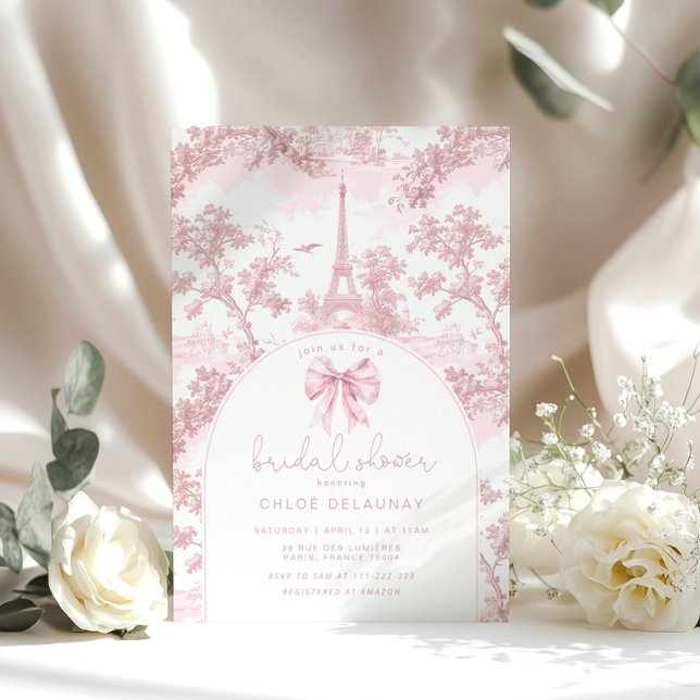 Invitación Toile de Jouy Bridal shower French Pink Bow Paris (Subido por el creador)
