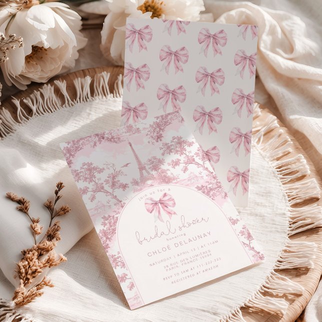 Invitación Toile de Jouy Bridal shower French Pink Bow Paris (Subido por el creador)