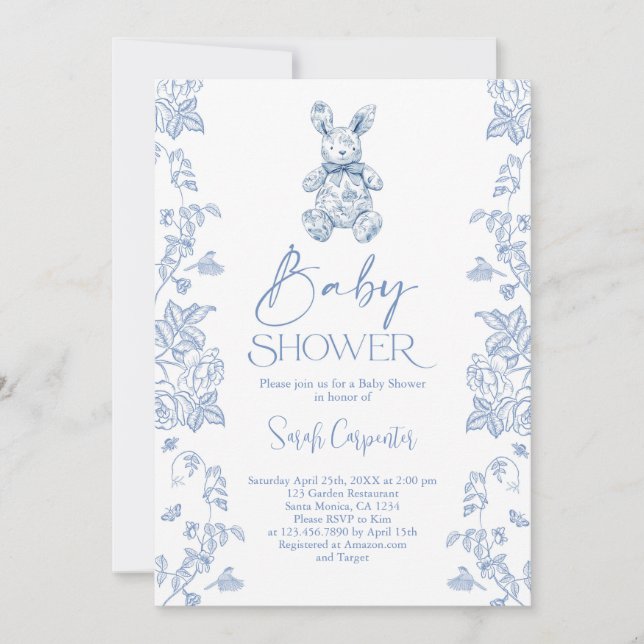 Invitación Toile De Jouy Bunny Baby Shower Boy (Anverso)