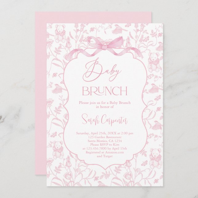 Invitación Toile De Jouy Chica Baby Shower Brunch con Bow (Anverso / Reverso)