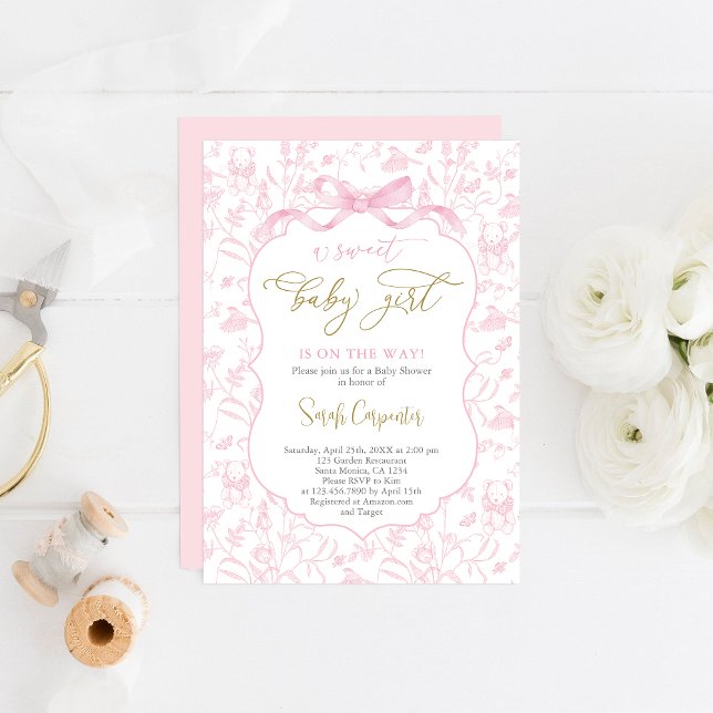 Invitación Toile De Jouy Chica Baby Shower con Bow (Subido por el creador)