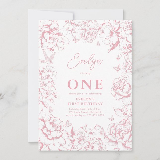 Invitación Toile de Jouy Chica Floral Rosa Primer Fiesta de c (Anverso)