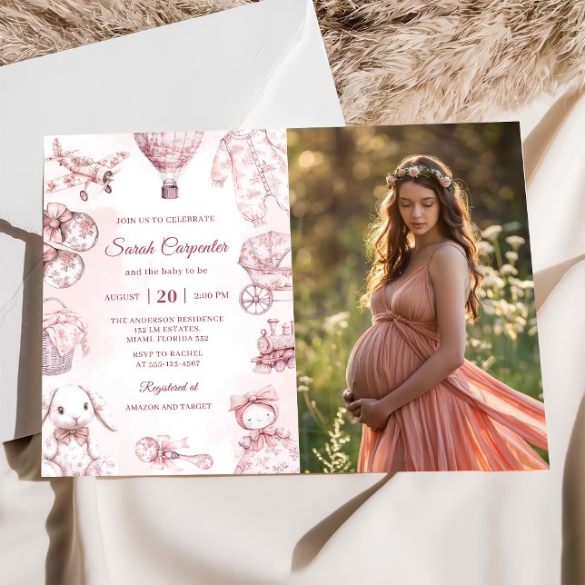 Invitación Toile De Jouy Chica Rosa Fiesta Baby Shower (Subido por el creador)