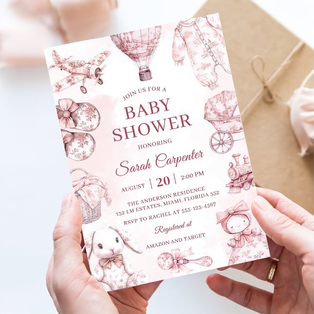 Invitación Toile De Jouy Chica Rosa Fiesta Baby Shower (Subido por el creador)