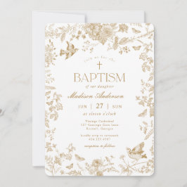Invitación Toile De Jouy Dorado Floral Francés Bautizo