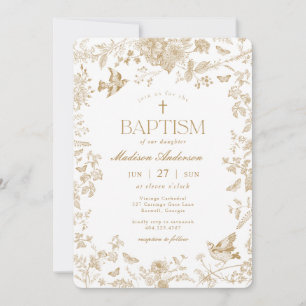 Invitación Toile De Jouy Dorado Floral Francés Bautizo